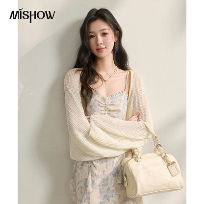MISHOW Elegant Loose Batwing Sleeve Hollow Out Knit Cardigan for Women 2026 Summer Open Front Long Sleeve Sweater MXF16Z3080