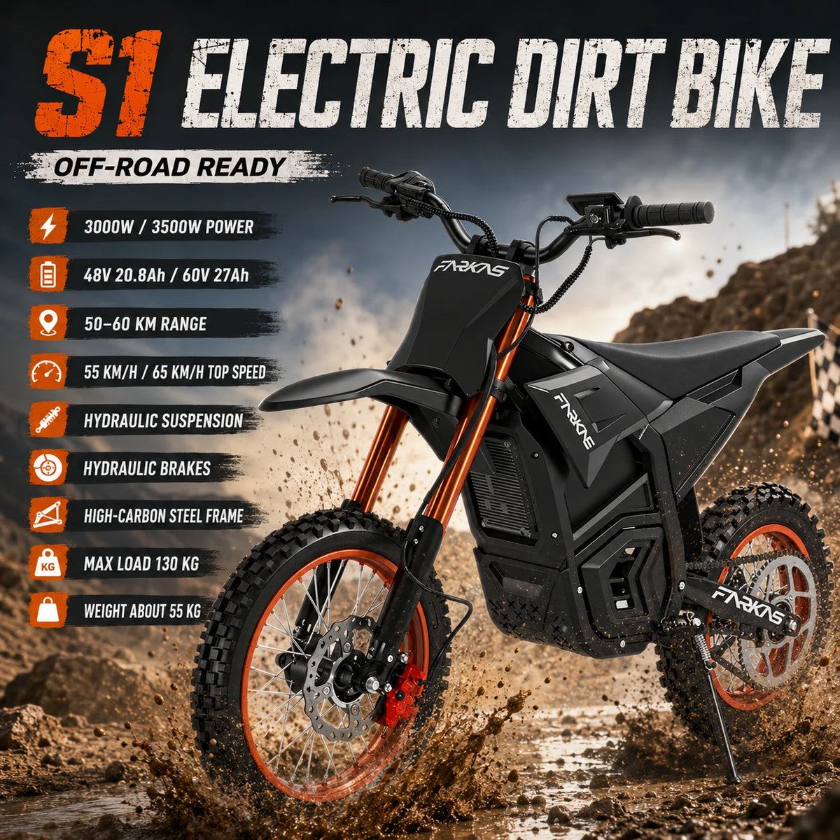 S1 E-Bike Off-Road Electric Bike with 14 Inch Front 12 Inch Rear Tires 3000W 3500W DC Motor 60V 27Ah Battery 130KG Max Load