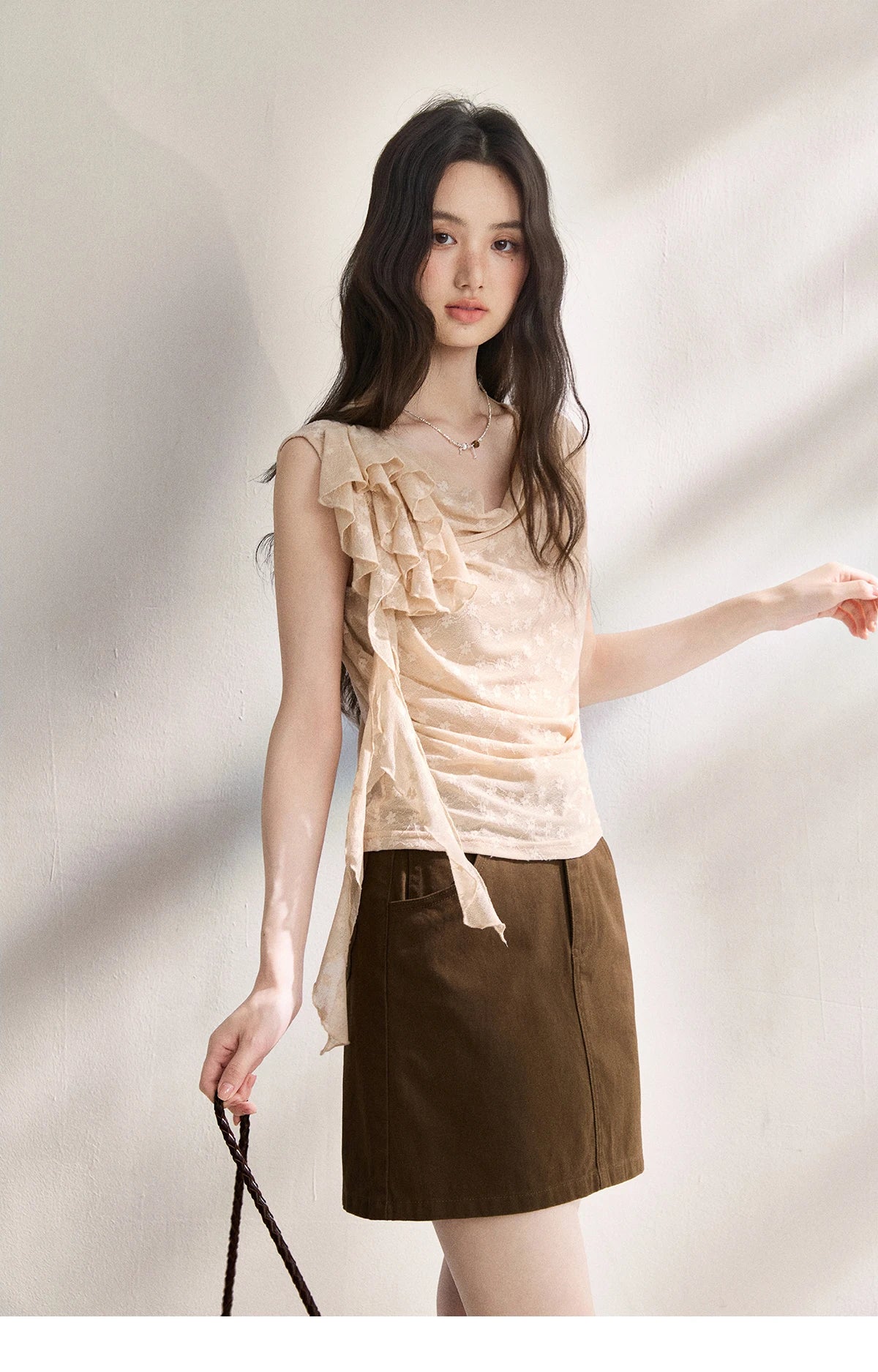 MISHOW French Floral Lace Swing Neck Shirt For Women 2026 Summer New Pleated 3D Floral Ribbon Hazy Elegant Slim Top MXF24X2617