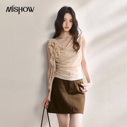 MISHOW French Floral Lace Swing Neck Shirt For Women 2026 Summer New Pleated 3D Floral Ribbon Hazy Elegant Slim Top MXF24X2617