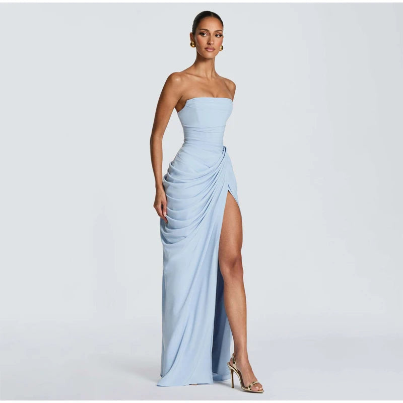 Elegant Solid Pleated Halter Women's Dress Fashion Sleeveless Backless Waist-cinching Split Maxi Dresses Summer Party Gowns 2026