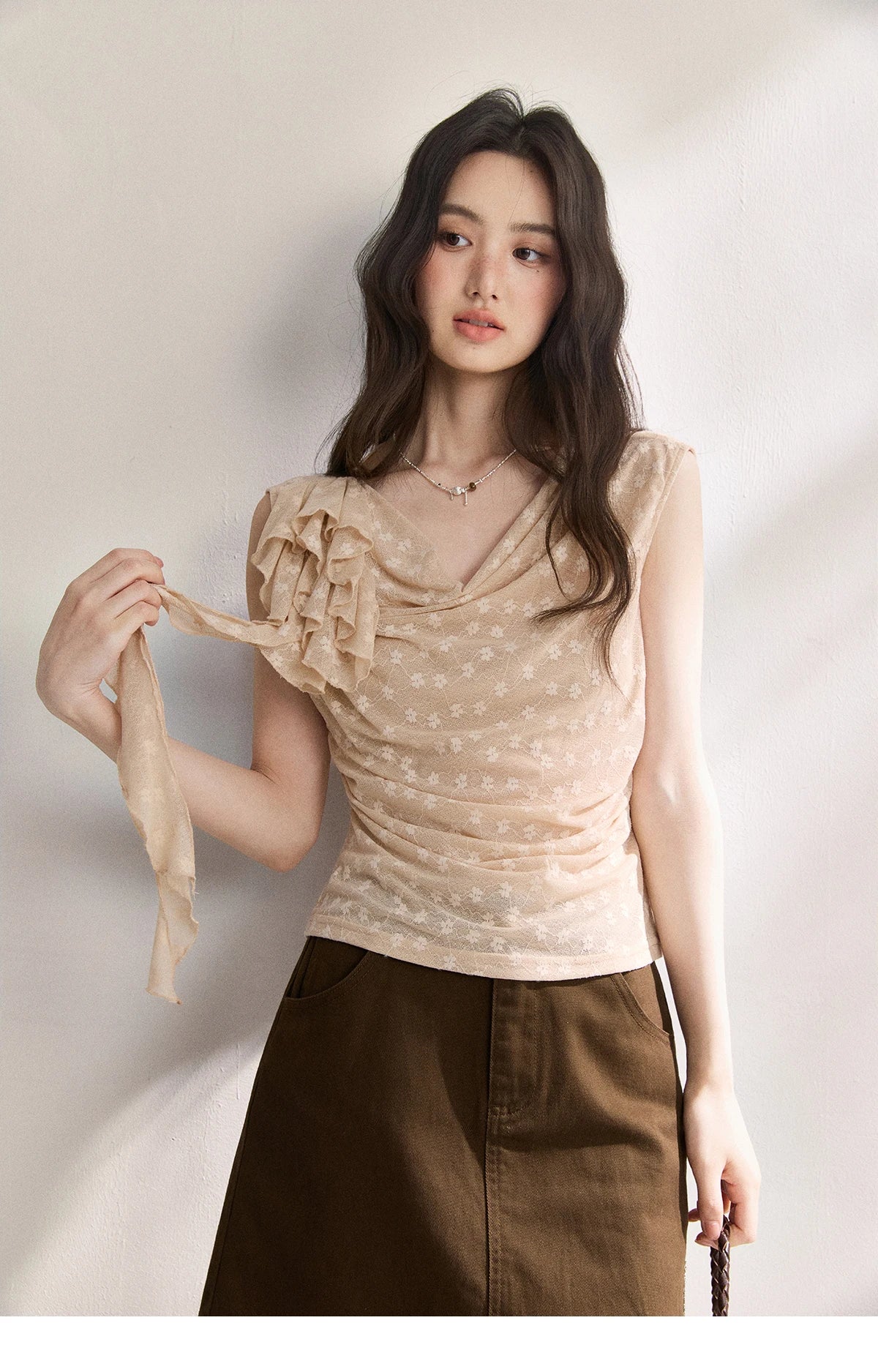 MISHOW French Floral Lace Swing Neck Shirt For Women 2026 Summer New Pleated 3D Floral Ribbon Hazy Elegant Slim Top MXF24X2617