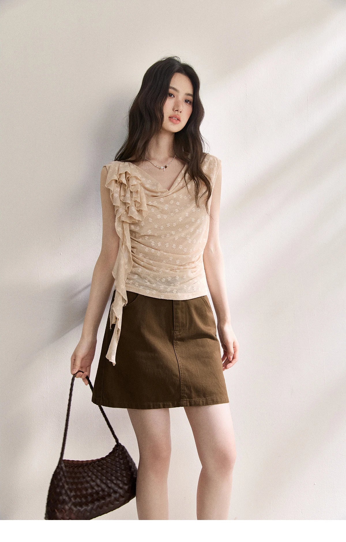 MISHOW French Floral Lace Swing Neck Shirt For Women 2026 Summer New Pleated 3D Floral Ribbon Hazy Elegant Slim Top MXF24X2617