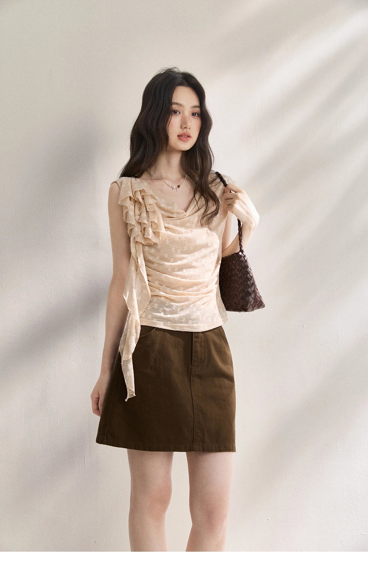 MISHOW French Floral Lace Swing Neck Shirt For Women 2026 Summer New Pleated 3D Floral Ribbon Hazy Elegant Slim Top MXF24X2617