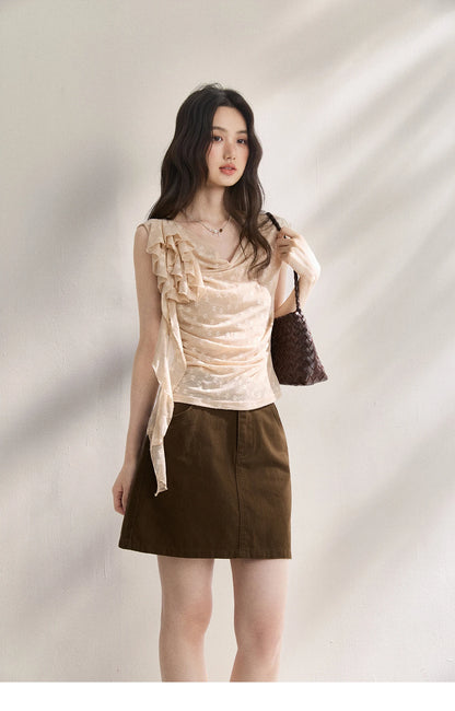 MISHOW French Floral Lace Swing Neck Shirt For Women 2026 Summer New Pleated 3D Floral Ribbon Hazy Elegant Slim Top MXF24X2617