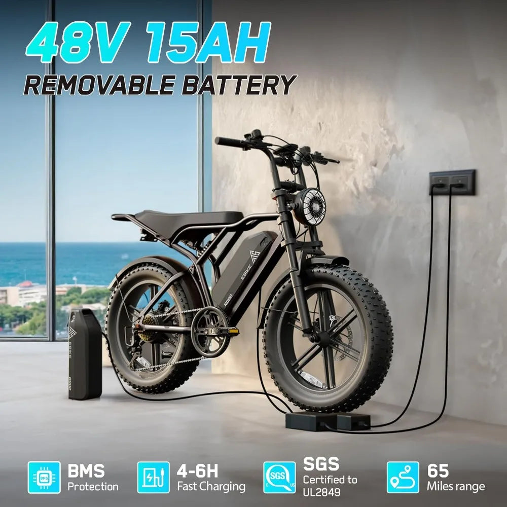 1500W Peak Motor Electric Bike for Adults 60 Miles Range 48V 15Ah Removable Battery 20 Inch Fat Tire