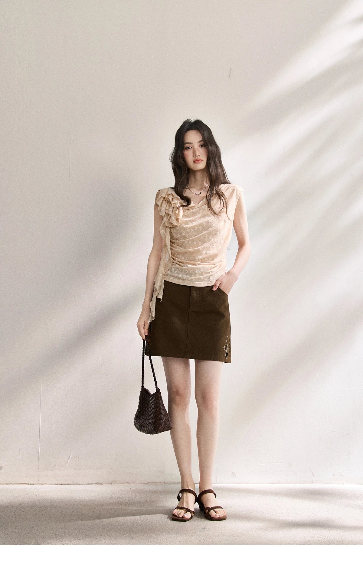 MISHOW French Floral Lace Swing Neck Shirt For Women 2026 Summer New Pleated 3D Floral Ribbon Hazy Elegant Slim Top MXF24X2617