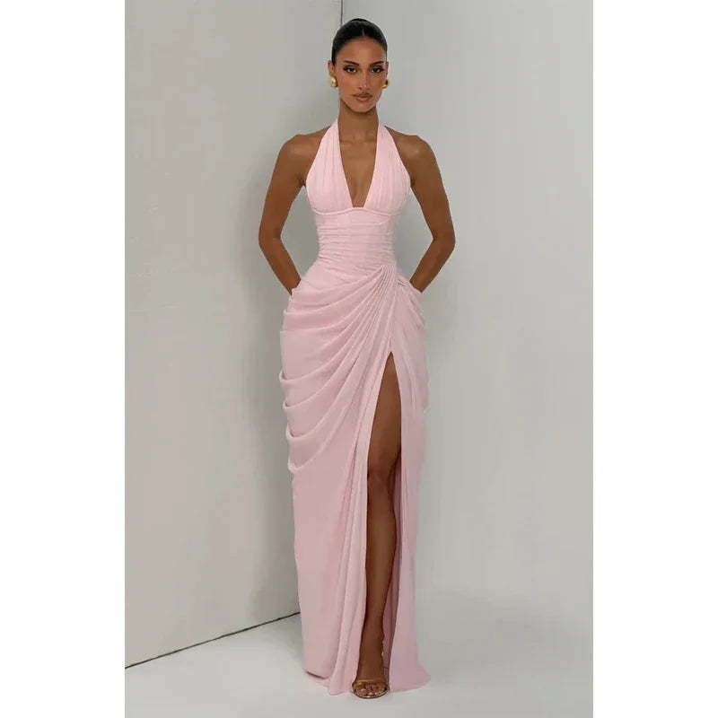 Elegant Solid Pleated Halter Women's Dress Fashion Sleeveless Backless Waist-cinching Split Maxi Dresses Summer Party Gowns 2026