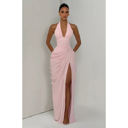 Elegant Solid Pleated Halter Women's Dress Fashion Sleeveless Backless Waist-cinching Split Maxi Dresses Summer Party Gowns 2026