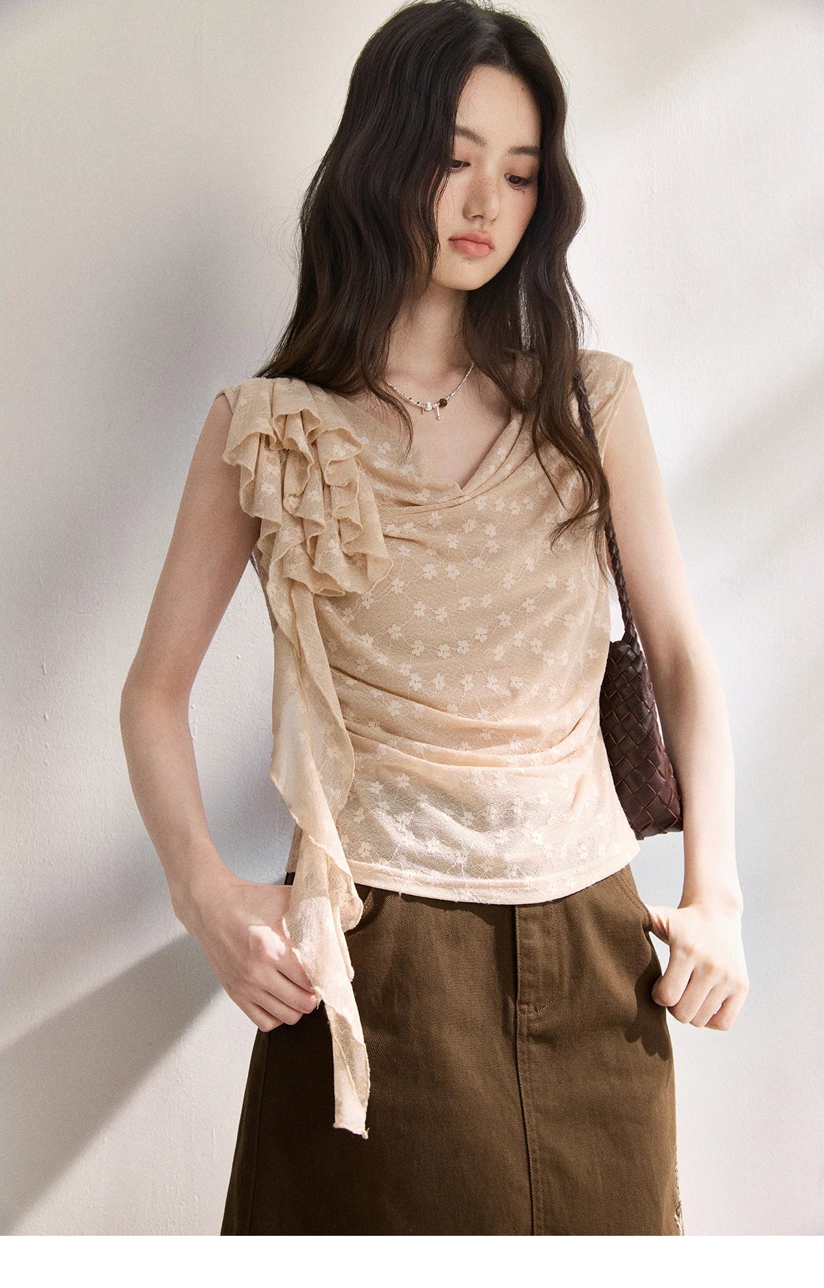 MISHOW French Floral Lace Swing Neck Shirt For Women 2026 Summer New Pleated 3D Floral Ribbon Hazy Elegant Slim Top MXF24X2617