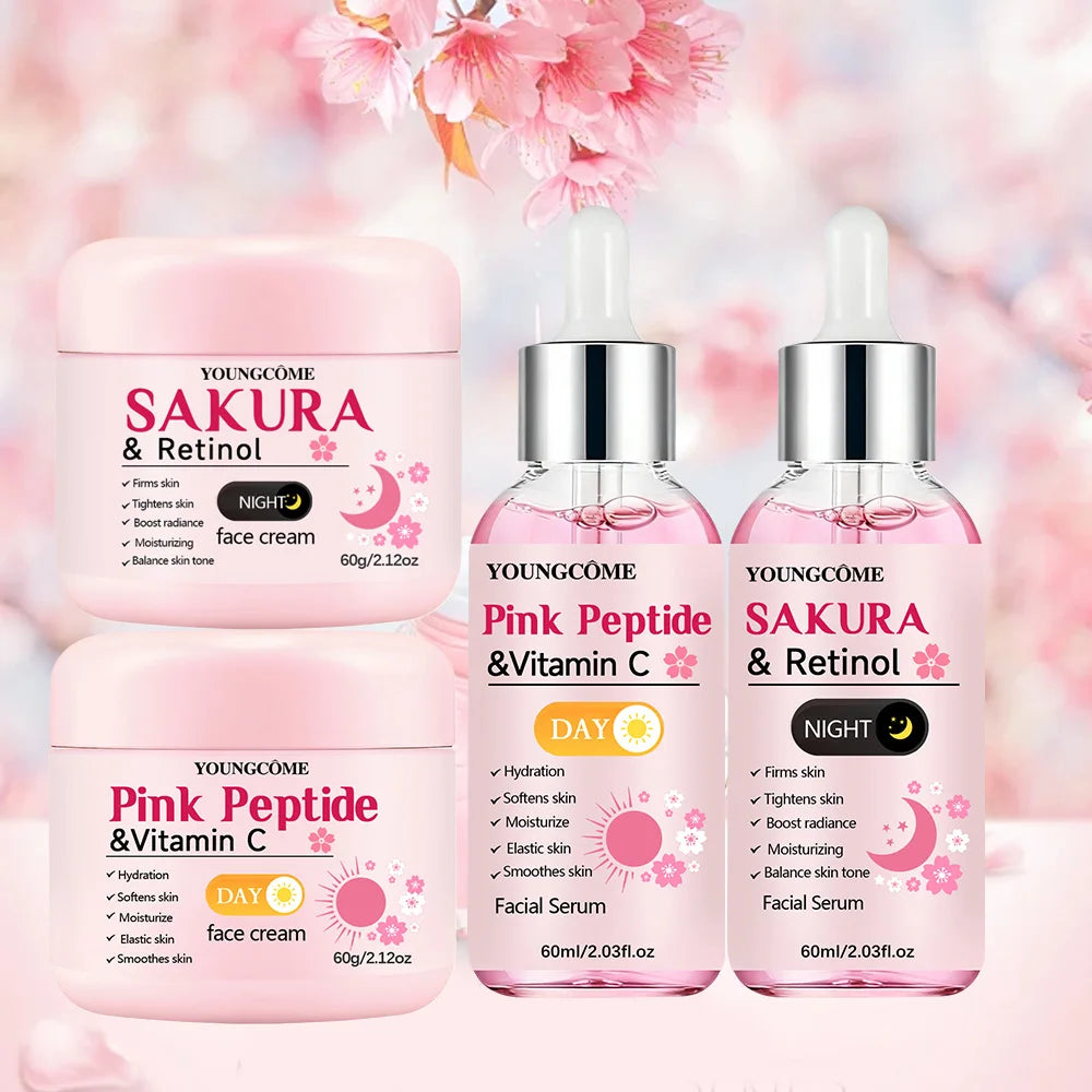 4-Piece Day & Night Skincare Set: Pink Peptide Vitamin C Day Cream + Sakura Retinol Night Cream & Essence for Hydration, Firmnes