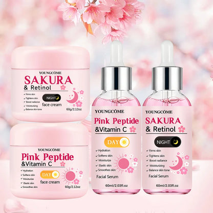 4-Piece Day & Night Skincare Set: Pink Peptide Vitamin C Day Cream + Sakura Retinol Night Cream & Essence for Hydration, Firmnes