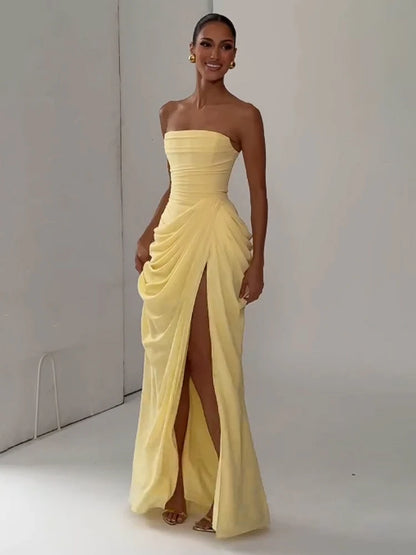 Elegant Solid Pleated Halter Women's Dress Fashion Sleeveless Backless Waist-cinching Split Maxi Dresses Summer Party Gowns 2026