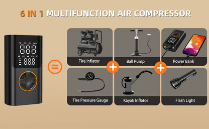 Portable Air Pump Set with Power Bank, 150PSI Tire Inflator Kit for Car SUV Motorcycle Bike, LED Light & Storage Bag for Camping