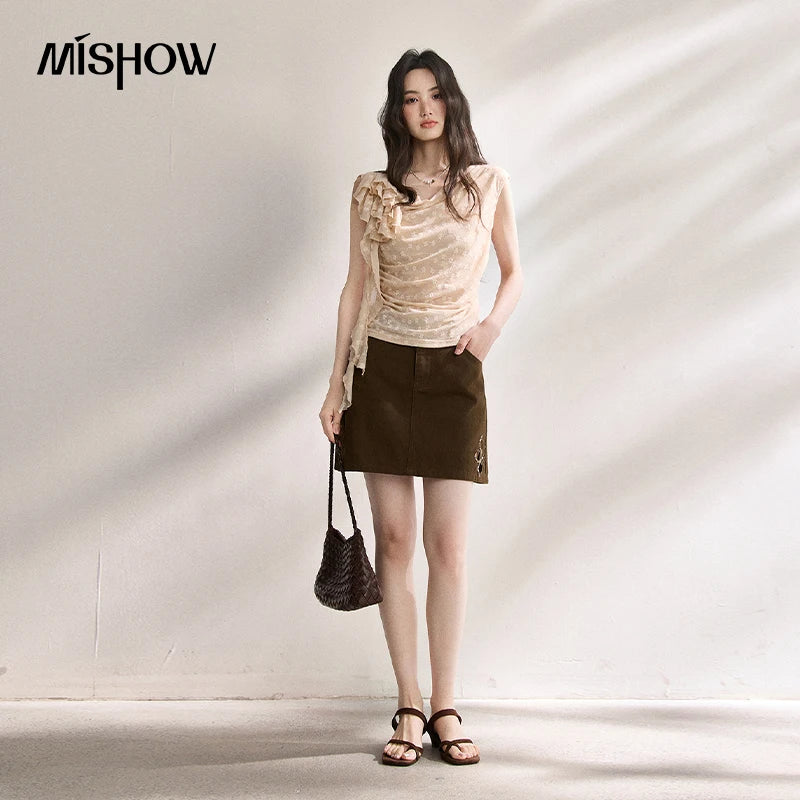 MISHOW French Floral Lace Swing Neck Shirt For Women 2026 Summer New Pleated 3D Floral Ribbon Hazy Elegant Slim Top MXF24X2617