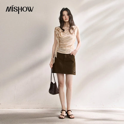 MISHOW French Floral Lace Swing Neck Shirt For Women 2026 Summer New Pleated 3D Floral Ribbon Hazy Elegant Slim Top MXF24X2617