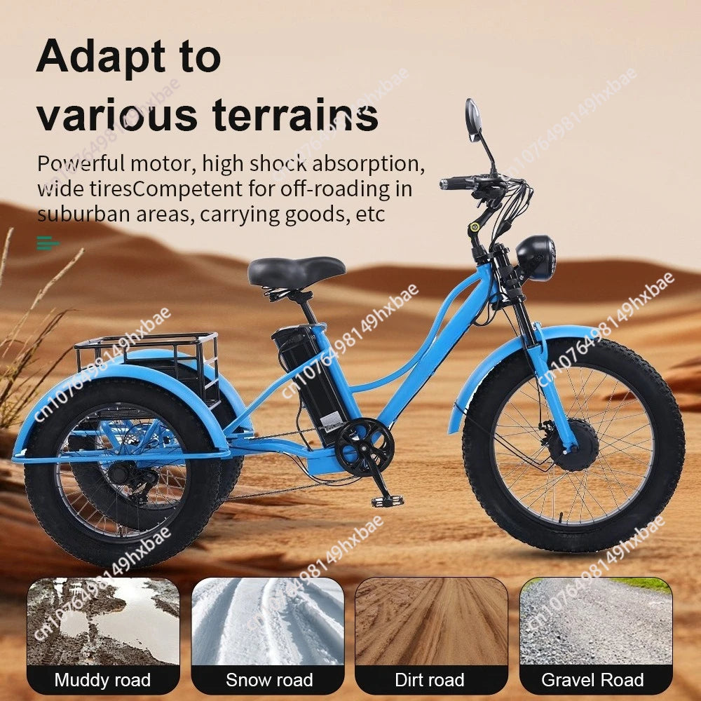 Electric Bike For Man 24-Inch 750W 48V Three Wheeled Electric Vehicle Fat Tire Pedal Powerful Electric Tricycle For Adults Elder