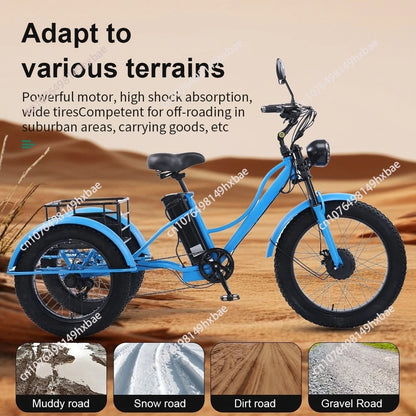 Electric Bike For Man 24-Inch 750W 48V Three Wheeled Electric Vehicle Fat Tire Pedal Powerful Electric Tricycle For Adults Elder