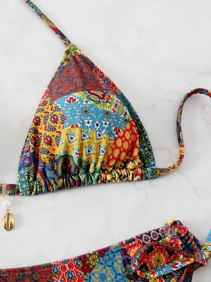 Ring Link Triangle Bikinis 2026 Women Lace Up Swimwear Printed Swimsuit Female Bathers Bathing Swimming Suit Beachwear Summer