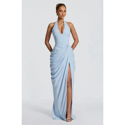 Elegant Solid Pleated Halter Women's Dress Fashion Sleeveless Backless Waist-cinching Split Maxi Dresses Summer Party Gowns 2026