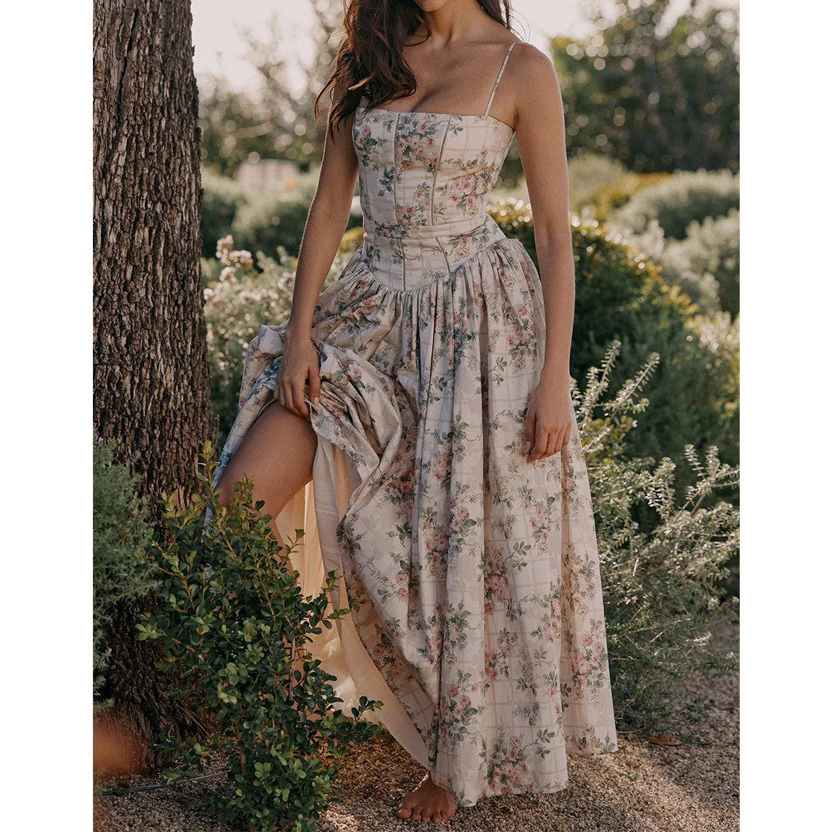 Mingmingxi Summer Floral Print Dress Elegant 2025 New Arrivals Spaghetti Strap Flare Dress Maxi Holiday Party Dresses Women