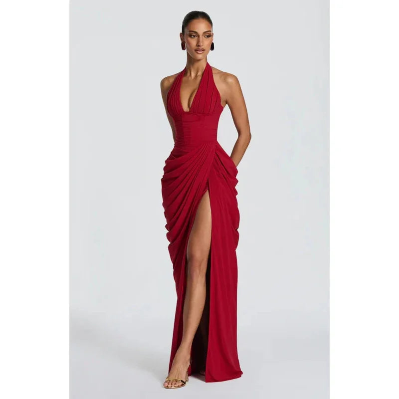 Elegant Solid Pleated Halter Women's Dress Fashion Sleeveless Backless Waist-cinching Split Maxi Dresses Summer Party Gowns 2026