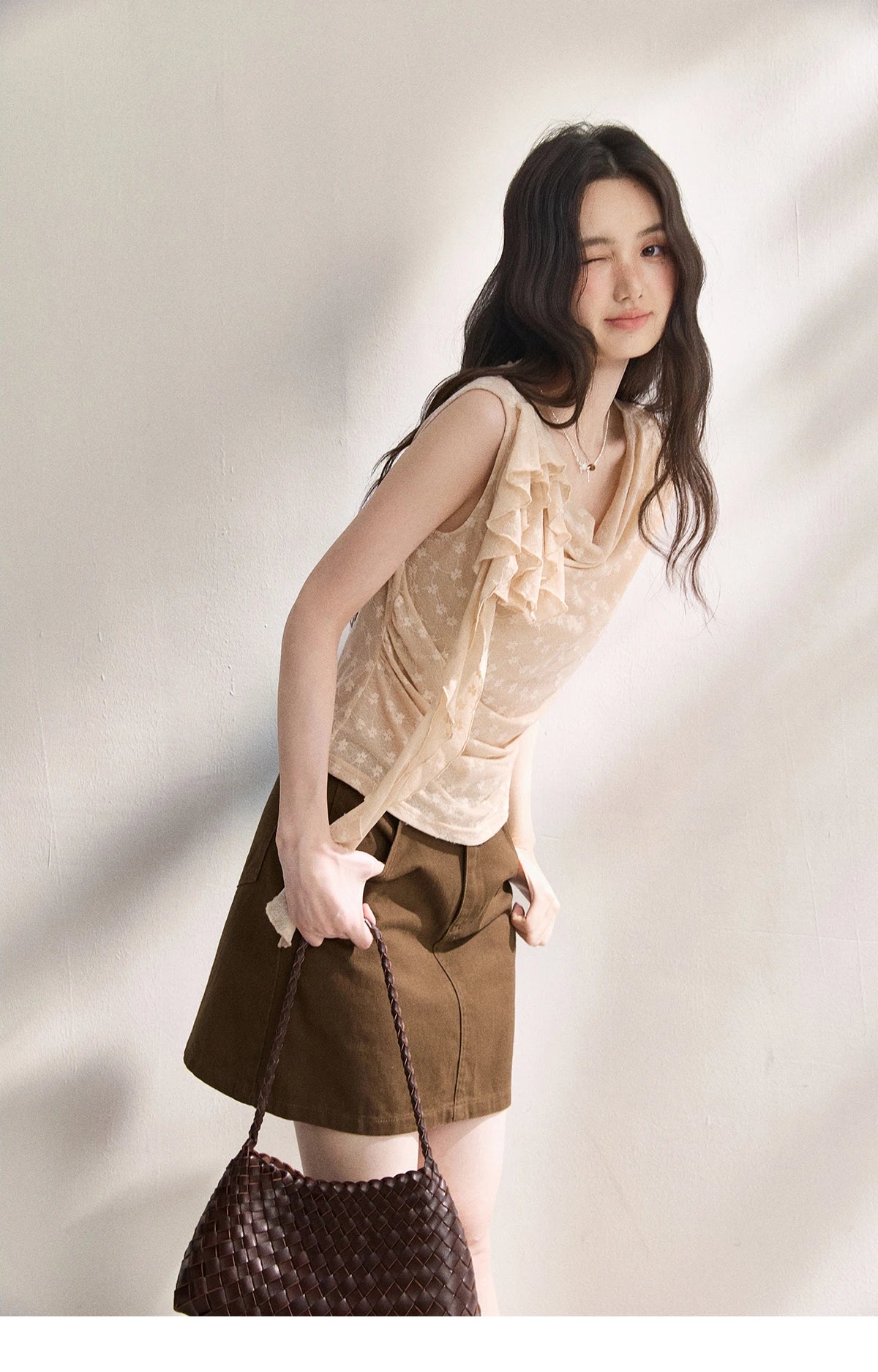 MISHOW French Floral Lace Swing Neck Shirt For Women 2026 Summer New Pleated 3D Floral Ribbon Hazy Elegant Slim Top MXF24X2617