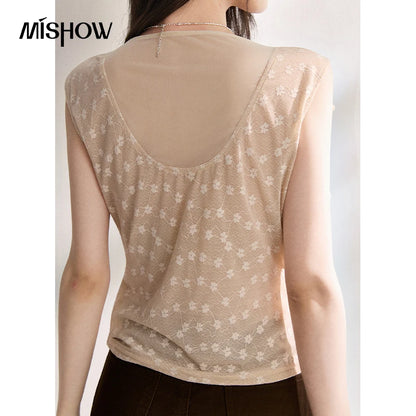 MISHOW French Floral Lace Swing Neck Shirt For Women 2026 Summer New Pleated 3D Floral Ribbon Hazy Elegant Slim Top MXF24X2617