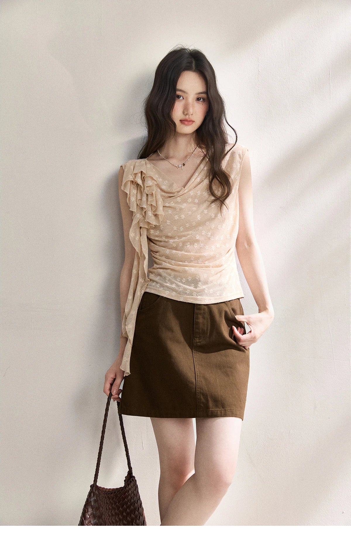 MISHOW French Floral Lace Swing Neck Shirt For Women 2026 Summer New Pleated 3D Floral Ribbon Hazy Elegant Slim Top MXF24X2617