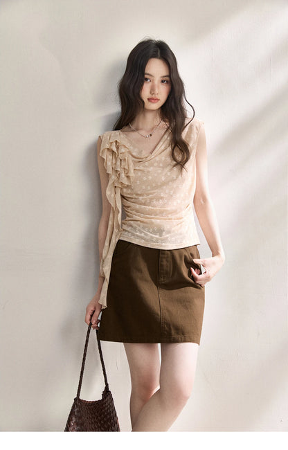 MISHOW French Floral Lace Swing Neck Shirt For Women 2026 Summer New Pleated 3D Floral Ribbon Hazy Elegant Slim Top MXF24X2617