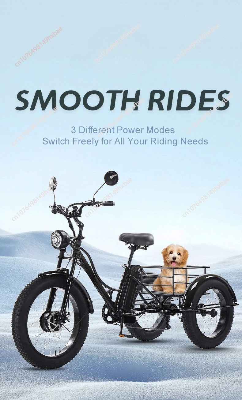 Electric Bike For Man 24-Inch 750W 48V Three Wheeled Electric Vehicle Fat Tire Pedal Powerful Electric Tricycle For Adults Elder