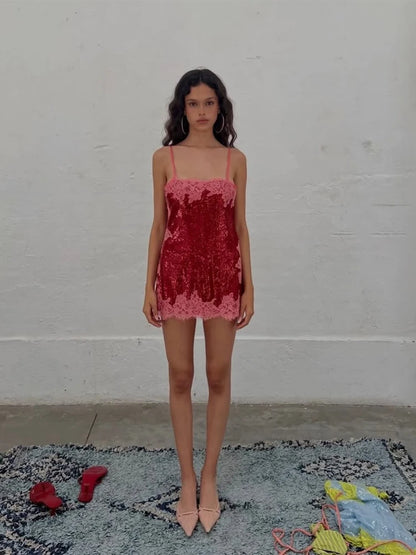Women Floral Lace Sequin Mini Slip Dress Spaghetti Strap Sweetheart Neck Bodycon Robes 2026 Summer New Party Vacatio Dresses