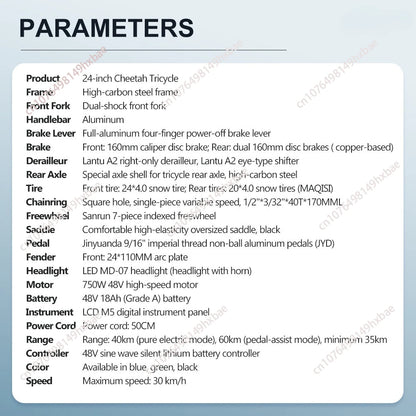 Electric Bike For Man 24-Inch 750W 48V Three Wheeled Electric Vehicle Fat Tire Pedal Powerful Electric Tricycle For Adults Elder