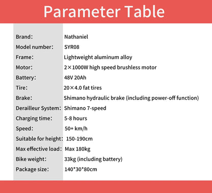 20"Electric Bike 2*1000W Motor 48V 20Ah Removable Battery 50km/h Electric Bicycle for Adults Mountain Bike with Shimano 7-Speed