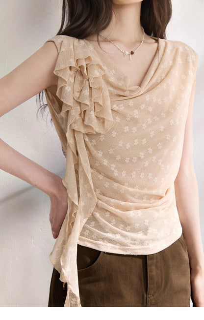 MISHOW French Floral Lace Swing Neck Shirt For Women 2026 Summer New Pleated 3D Floral Ribbon Hazy Elegant Slim Top MXF24X2617