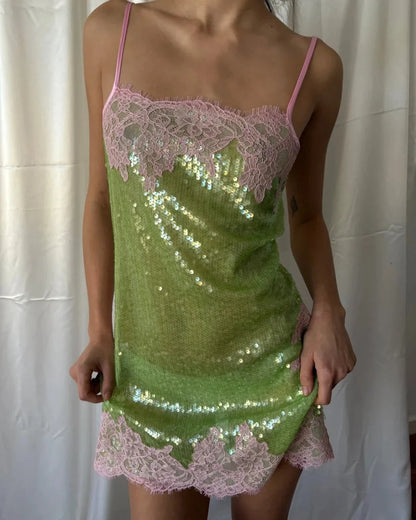 Women Floral Lace Sequin Mini Slip Dress Spaghetti Strap Sweetheart Neck Bodycon Robes 2026 Summer New Party Vacatio Dresses