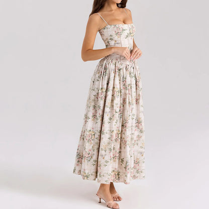 Mingmingxi Summer Floral Print Dress Elegant 2025 New Arrivals Spaghetti Strap Flare Dress Maxi Holiday Party Dresses Women
