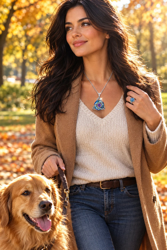 A silver Celtic knot triquetra pendant necklace featuring a central purple heart-shaped gemstone, surrounded by layered blue and teal glass rings, displayed on a reflective surface against a blue gradient background.