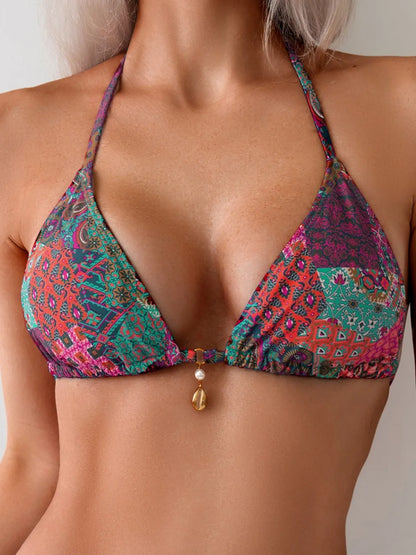 Ring Link Triangle Bikinis 2026 Women Lace Up Swimwear Printed Swimsuit Female Bathers Bathing Swimming Suit Beachwear Summer