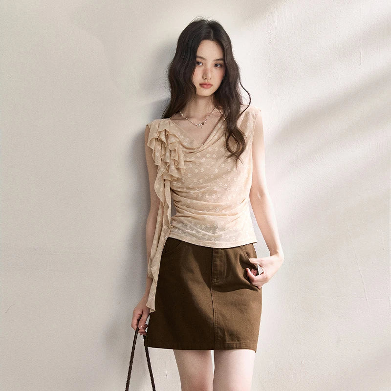 MISHOW French Floral Lace Swing Neck Shirt For Women 2026 Summer New Pleated 3D Floral Ribbon Hazy Elegant Slim Top MXF24X2617