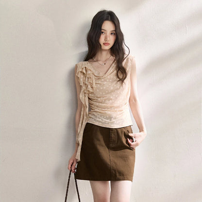 MISHOW French Floral Lace Swing Neck Shirt For Women 2026 Summer New Pleated 3D Floral Ribbon Hazy Elegant Slim Top MXF24X2617