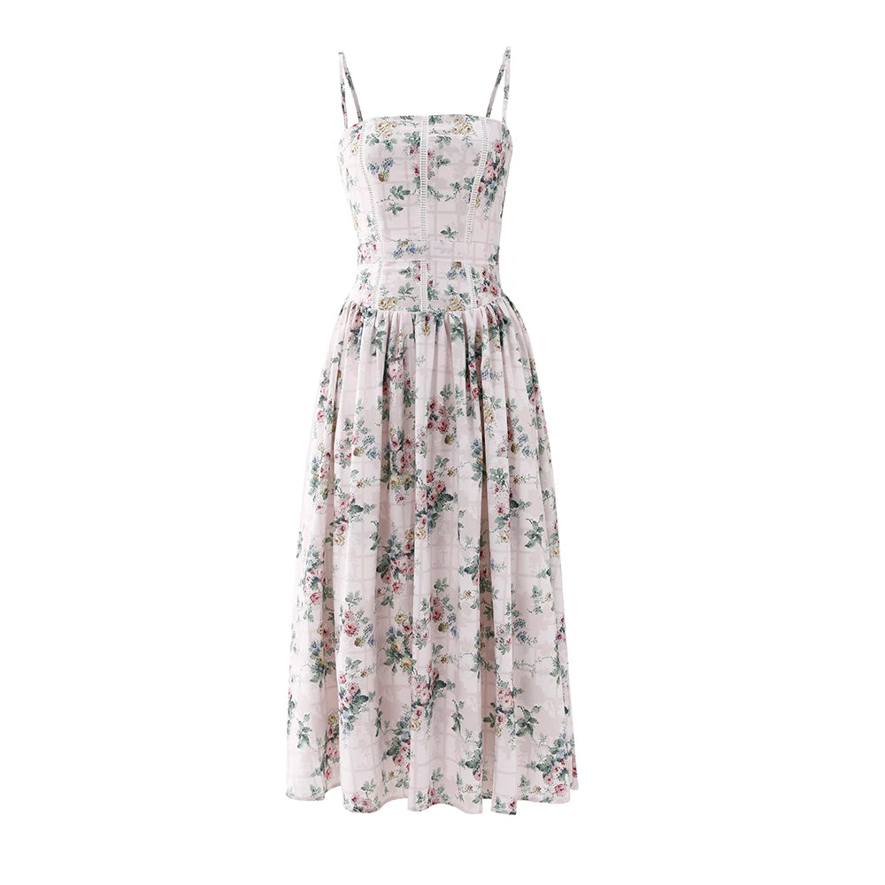 Mingmingxi Summer Floral Print Dress Elegant 2025 New Arrivals Spaghetti Strap Flare Dress Maxi Holiday Party Dresses Women