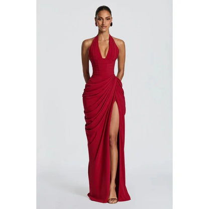 Elegant Solid Pleated Halter Women's Dress Fashion Sleeveless Backless Waist-cinching Split Maxi Dresses Summer Party Gowns 2026