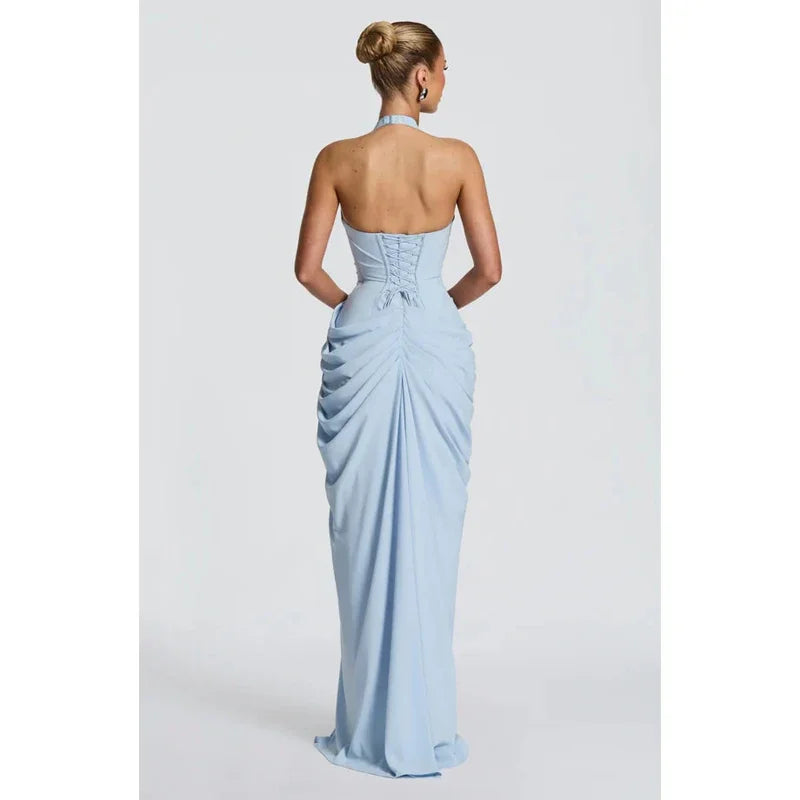 Elegant Solid Pleated Halter Women's Dress Fashion Sleeveless Backless Waist-cinching Split Maxi Dresses Summer Party Gowns 2026