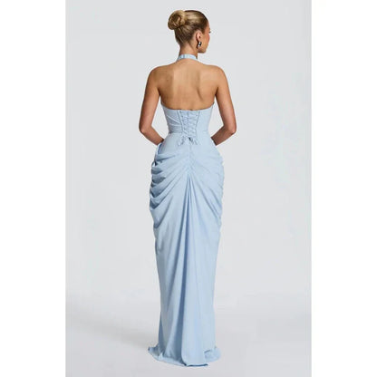 Elegant Solid Pleated Halter Women's Dress Fashion Sleeveless Backless Waist-cinching Split Maxi Dresses Summer Party Gowns 2026