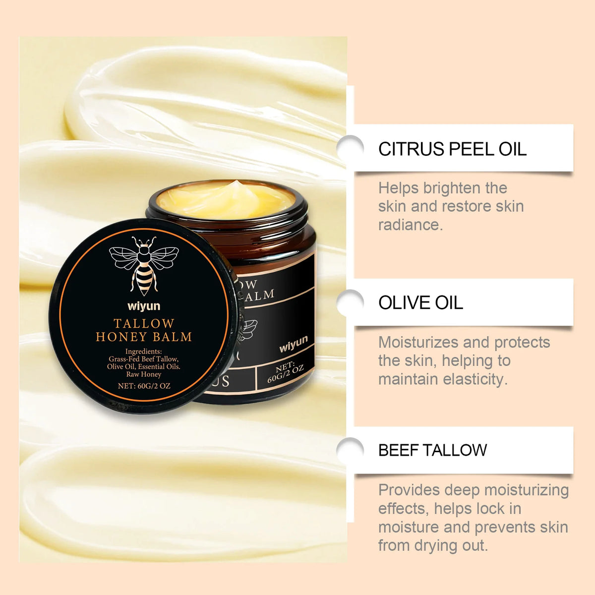 Tallow Honey Balm Glowing Hydrating Skin Enhacne Elasticity Improve Dullness Fade Fine Lines Firming Face Body Moisturize Cream