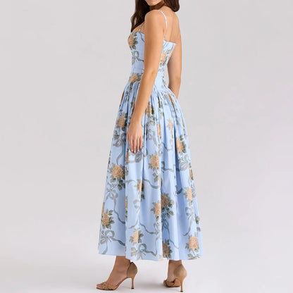 Mingmingxi Summer Floral Print Dress Elegant 2025 New Arrivals Spaghetti Strap Flare Dress Maxi Holiday Party Dresses Women