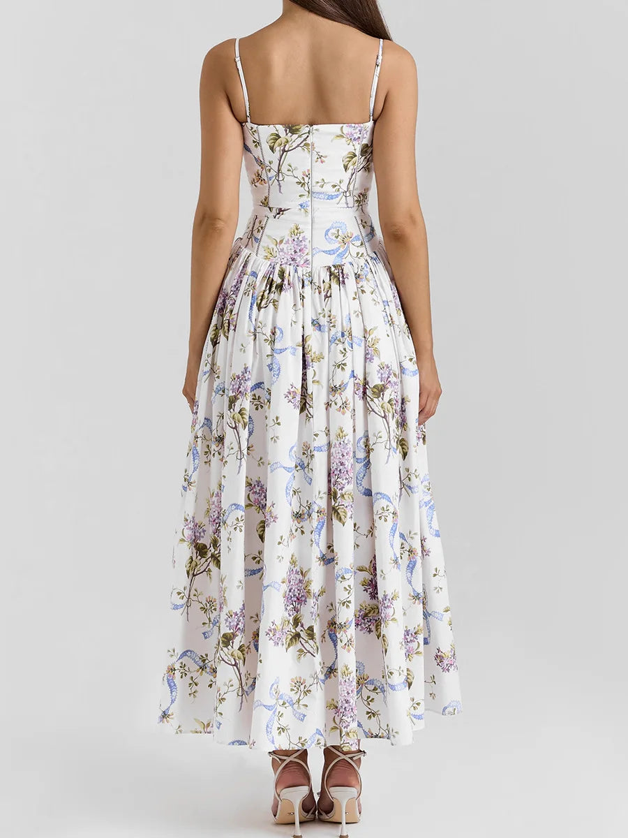 Mingmingxi Summer Floral Print Dress Elegant 2025 New Arrivals Spaghetti Strap Flare Dress Maxi Holiday Party Dresses Women