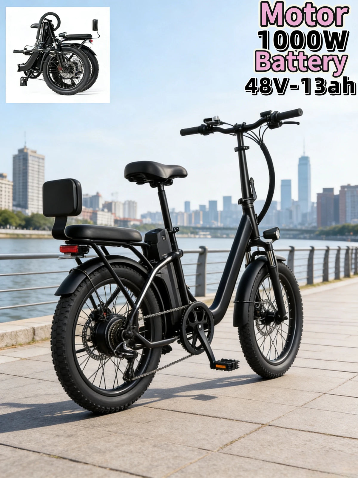 20inch foldable parent-child riding E-BIKE. 1000W brushless motor city electric bike, 48V13AH removable battery electric scooter