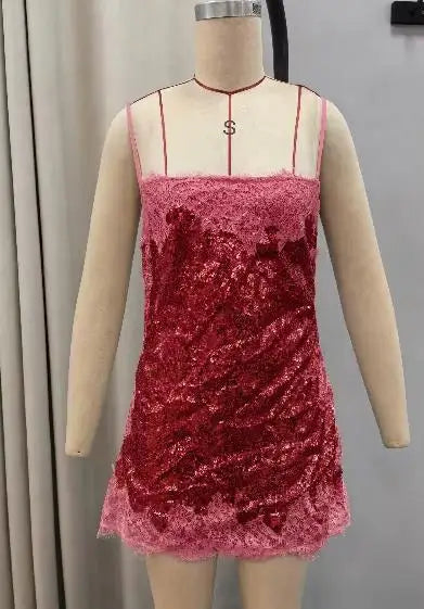 Women Floral Lace Sequin Mini Slip Dress Spaghetti Strap Sweetheart Neck Bodycon Robes 2026 Summer New Party Vacatio Dresses